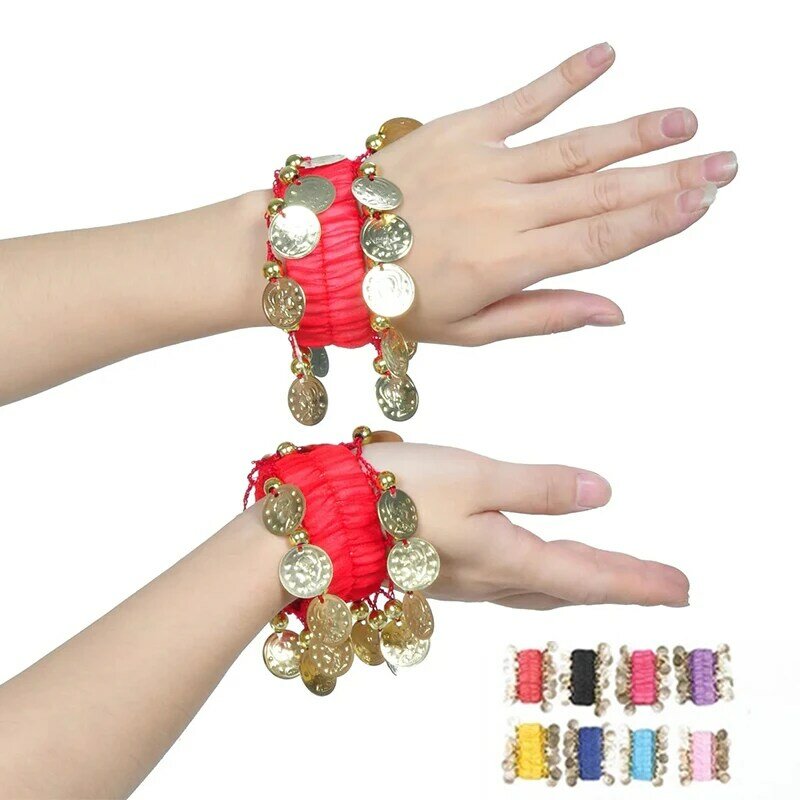 Belly Dance Metal Coin Bracelets 1 Pair Belly Dancing Wrist Ankle Cuffs Bracelets Chiffon Gold Coin Belly Dance Accessories