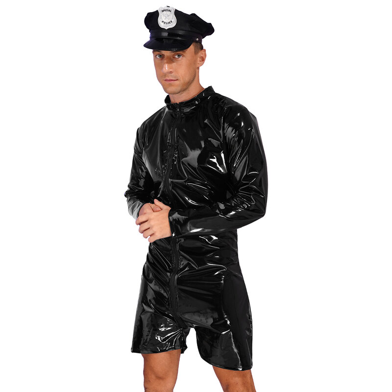Heren Volwassen Latex Lange Mouw Nep Rits Cosplay Jumpsuit Party Club Rollenspel Kostuum Politie Kapitein Hoed Bodysuit