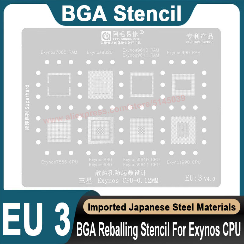 Stensil BGA untuk Samsung Exynos 7885 9820 9610 9611 990 CPU stensil ulang biji timah perbaikan stensil BGA