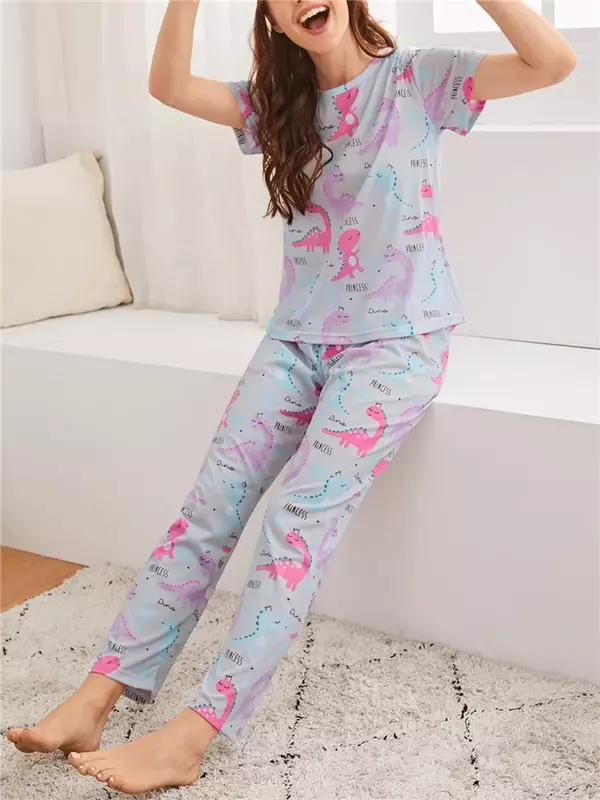 Women's Pajamas Set 2 Piece Animal Print Pyjama Soft Sleepwear Spring Summer Short Sleeve Long Pants Pijama Mujer Pjs Homewear