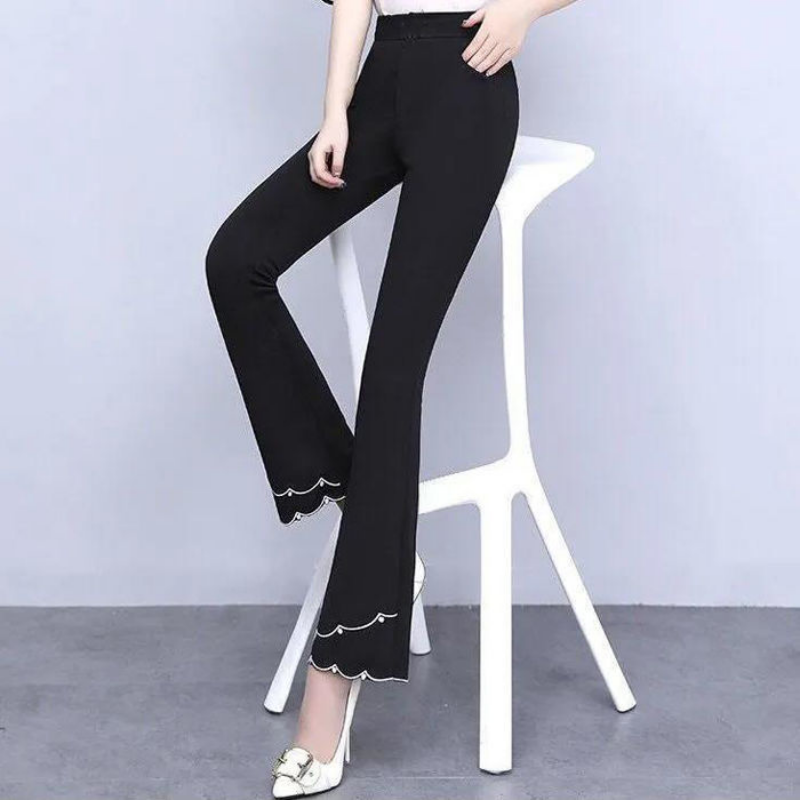 กางเกงขาบานเอวสูงผู้หญิงสไตล์เกาหลี, กางเกงขาบานเอวสูงบางแบบเรียบง่ายมีกระเป๋ากางเกงขาทรงกระบอกอเนกประสงค์แบบลำลองงานเย็บปะติด
