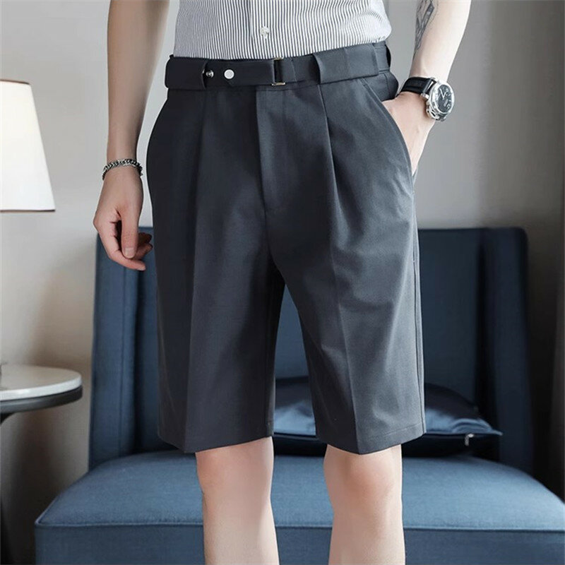 Pantalones cortos de traje de verano para hombre, moda inteligente, informal, oficina, hasta la rodilla, transpirables, Color sólido, rectos, ajustados