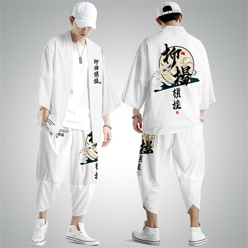Setelan Kimono dan celana panjang pria, setelan Kimono dan celana dua potong XXS-6XL gaya Jepang, blus kardigan, pakaian Asia Haori Obi
