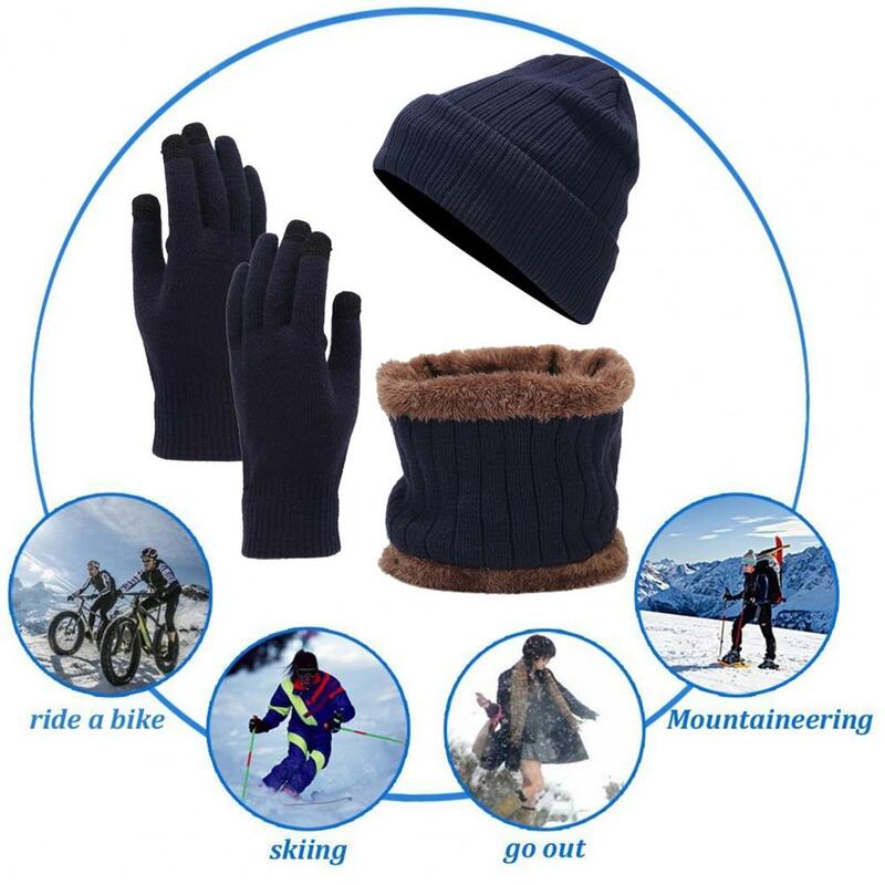 Conjunto de cachecol e luvas unisex, gorro de inverno, forro de lã quente, toque de malha para homens, 3 peças por conjunto