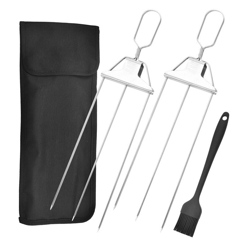 3 Way Grill Skewers Shrimp Skewers Grilling Stainless Steel Reusable Semi-Automatic BBQ Fork 2 Way Kebab Stick Kitchen Tools