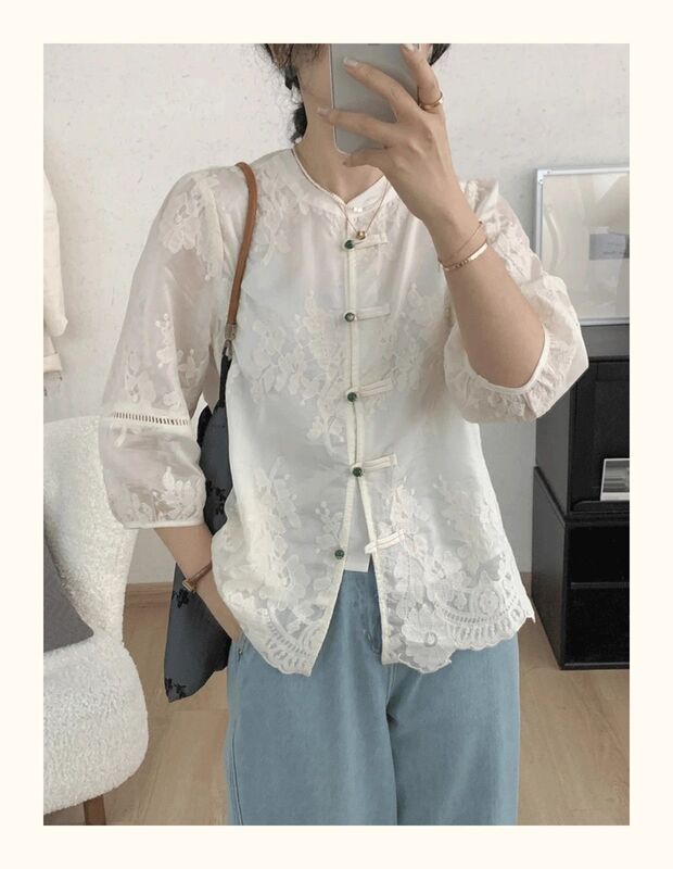 Shirt Fashion Chinese Embroidery Women Lace Button Stand Collar Blouse Vintage Lantern Sleeve Loose Tops 2024 Grace Shirt Women