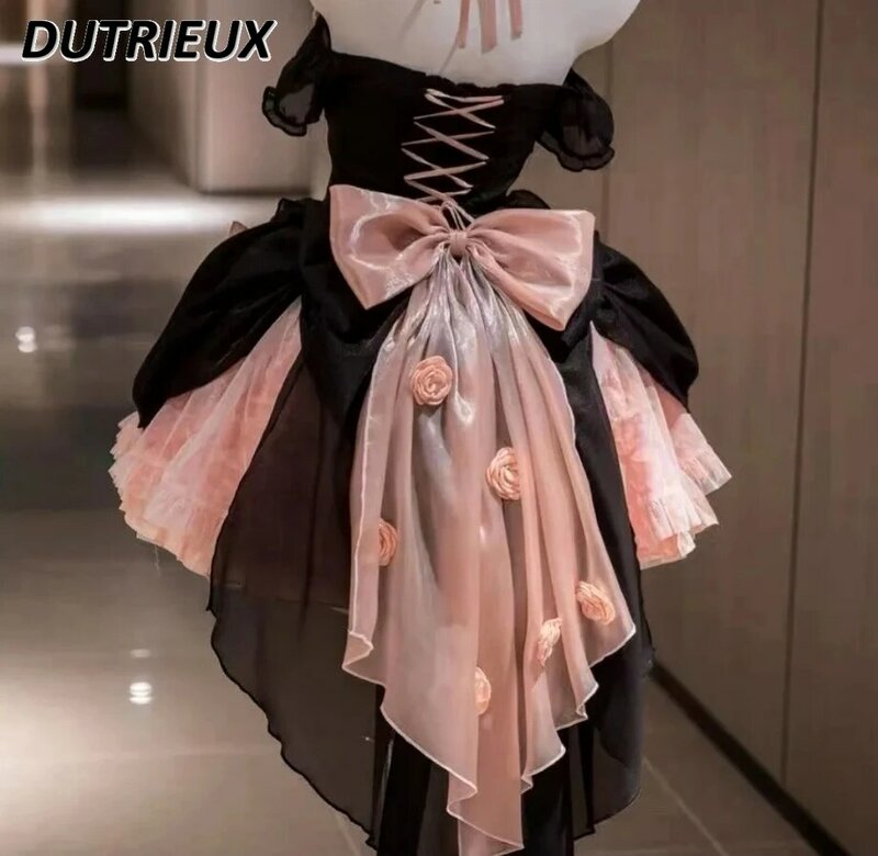 Lolita Pink Rose Girls Color-Matching Y2k Dress Sweet Princess Style Waist-Tight Fishbone Off-shoulder Short Dresses for Women