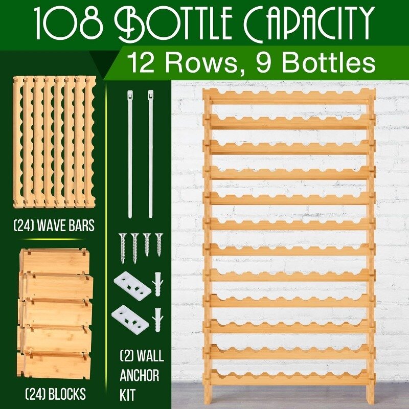 Portabottiglie impilabile in bambù, portabottiglie a 8 livelli con capacità di 72 bottiglie pavimento autoportante, assemblaggio senza attrezzi, modulare