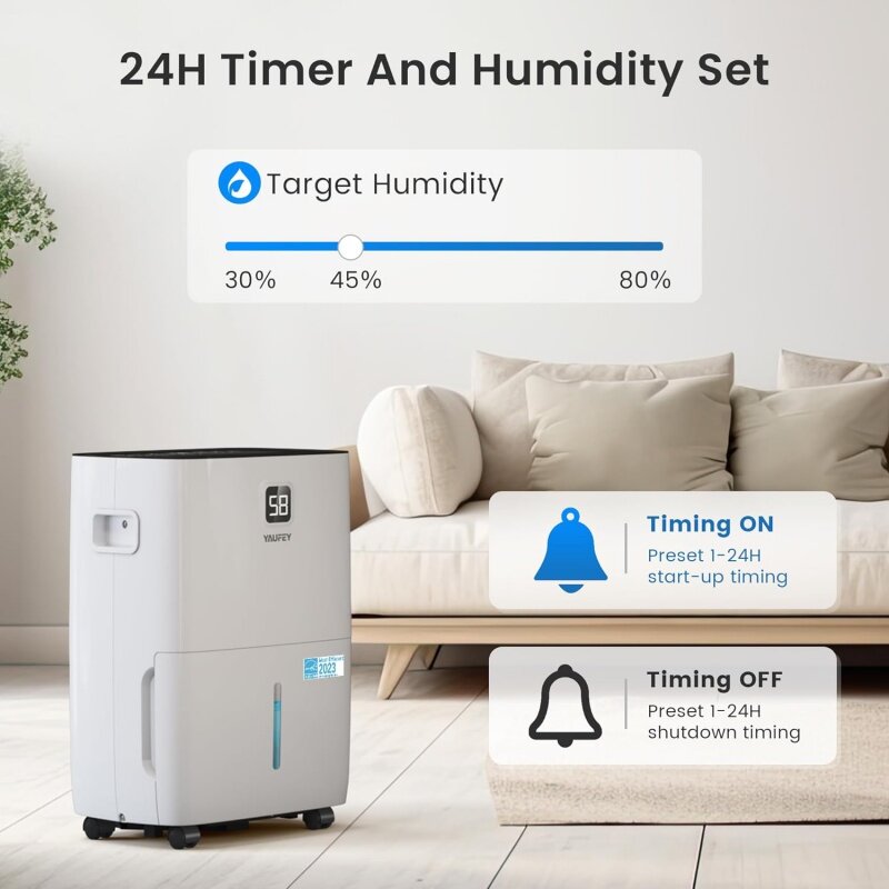 Yaufey 80 Pints Energy Star Dehumidifier untuk ruang bawah tanah, rumah dan ruangan sampai dengan 5000 Sq. Ft., dengan selang pembuangan, pengatur waktu, kelembapan cerdas