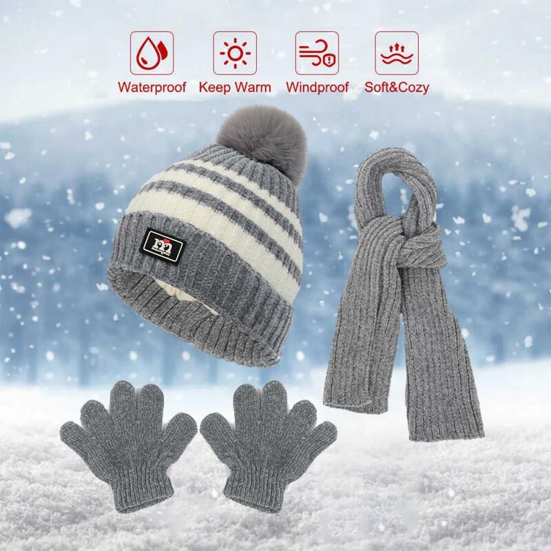 Set sarung tangan syal topi untuk anak-anak, aksesori hangat luar ruangan topi syal rajut tebal hangat untuk anak laki-laki dan perempuan musim gugur musim dingin