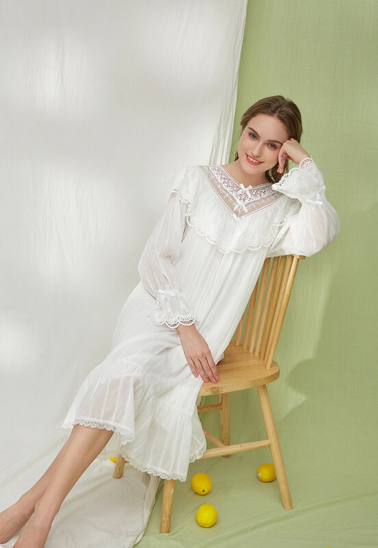 Women's French Style Lace Nightgowns Long Sleeve Ruffles Vintage Ladies Nightdress Long Sleeve Spring Princess Nighty Female