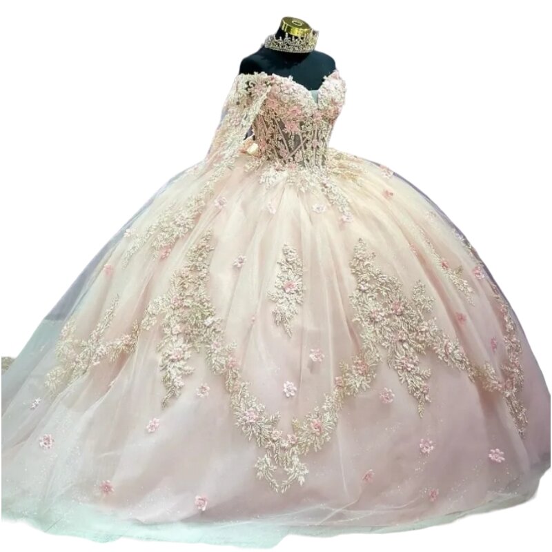 Arabic Mexico Pink Ball Gown Quinceanera Dress For 16 Girl Beaded 3D Flowers  Party Prom Dress With Cape Birthday Party Gowns