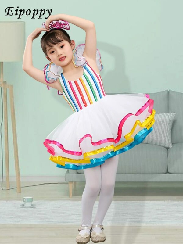 Children's Colorful Pettiskirt Girls Sequins Dance Costume Princess Tulle Skirt Kindergarten Cute Performance Wear