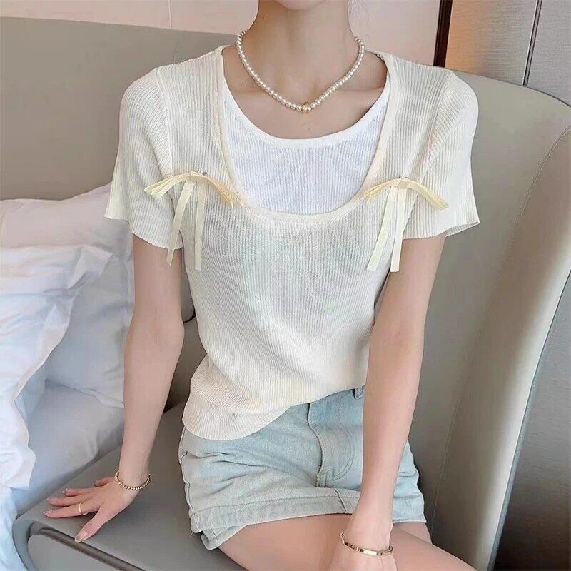 Camiseta de punto con lazo falso para mujer, jersey de manga corta que combina con todo, cuello redondo, moda informal, verano, dos piezas