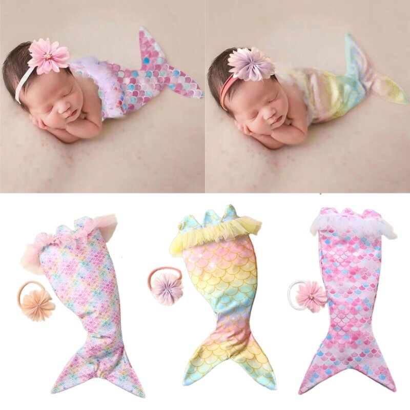 Alat Peraga Pemotretan untuk Hadiah Baby Shower Kostum Bayi Baru Lahir Ikat Kepala Bunga & Baju Monyet Putri Duyung Pakaian 2