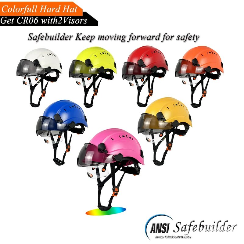 CE helm keselamatan, helm keselamatan dengan Visor bening & berwarna dapat dilepas ABS, helm kerja suspensi 6 titik ANSI Z89.1 diakui