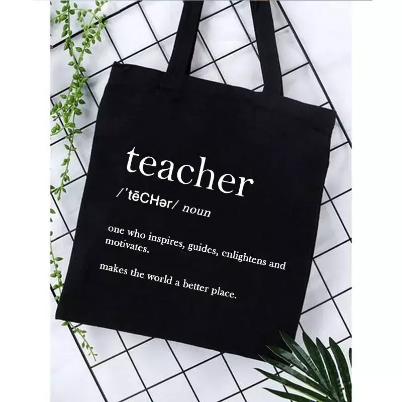 Bolso de mano de lona con estampado para profesores, bolsa de hombro reutilizable, para volver a la escuela, para compras, color negro, los mejores regalos