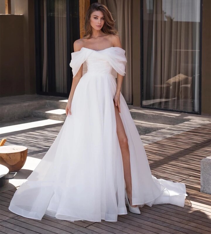 New White Women Wedding Dress Sheer O-Neck Beads Appliques A-Line Floor-Length Vestidos de novia 2024 Bridal Gown robe de mariée