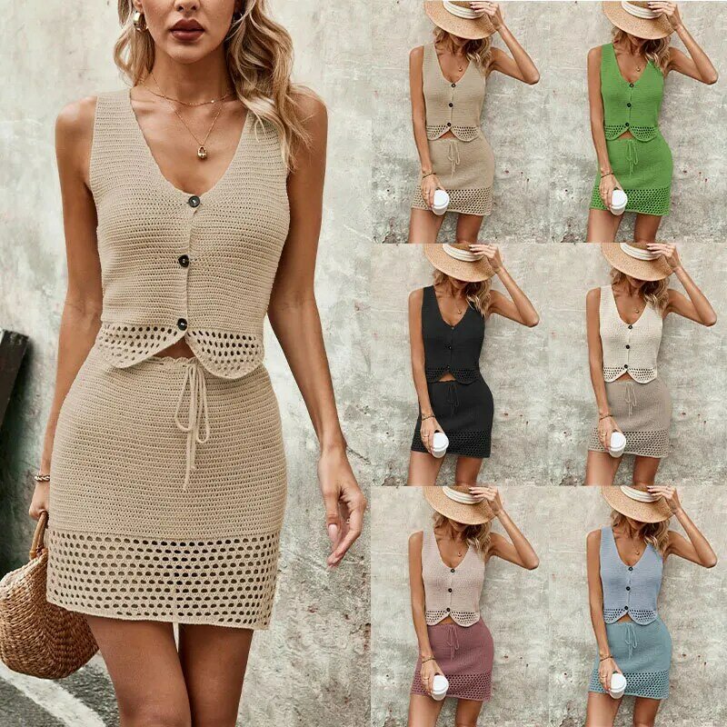 2024 spring and summer fashion new solid color suit womens knitted V-neck vest skirt