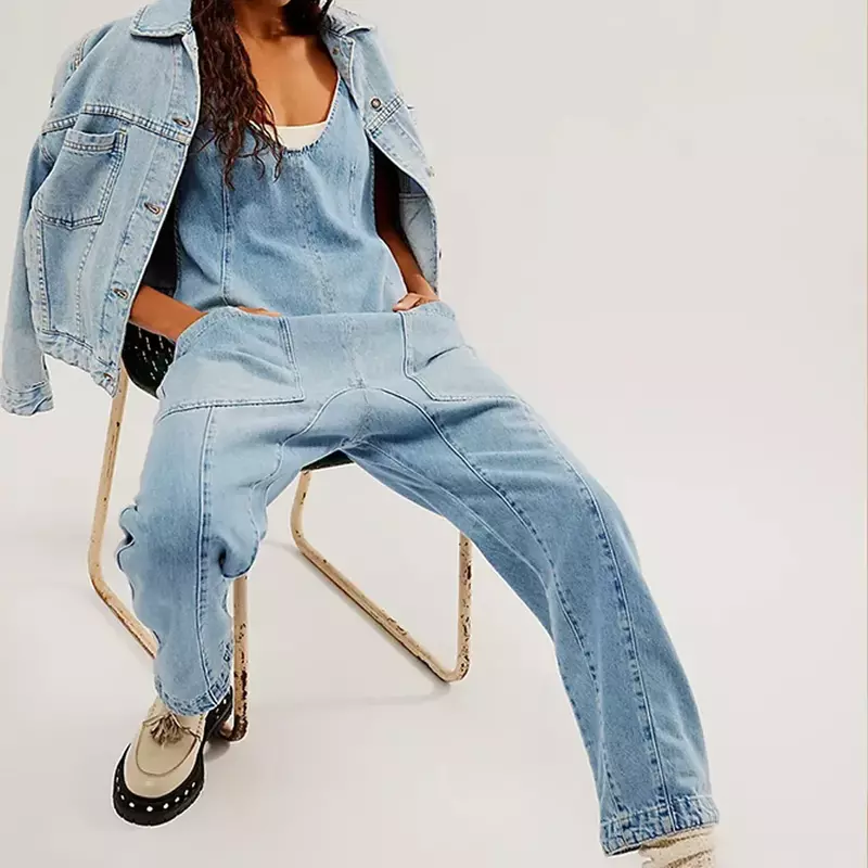Macacão jeans reto feminino, macacão emendado, bolsos, rua alta, solto, cintura média, lavar, elegante, gola V, 2024