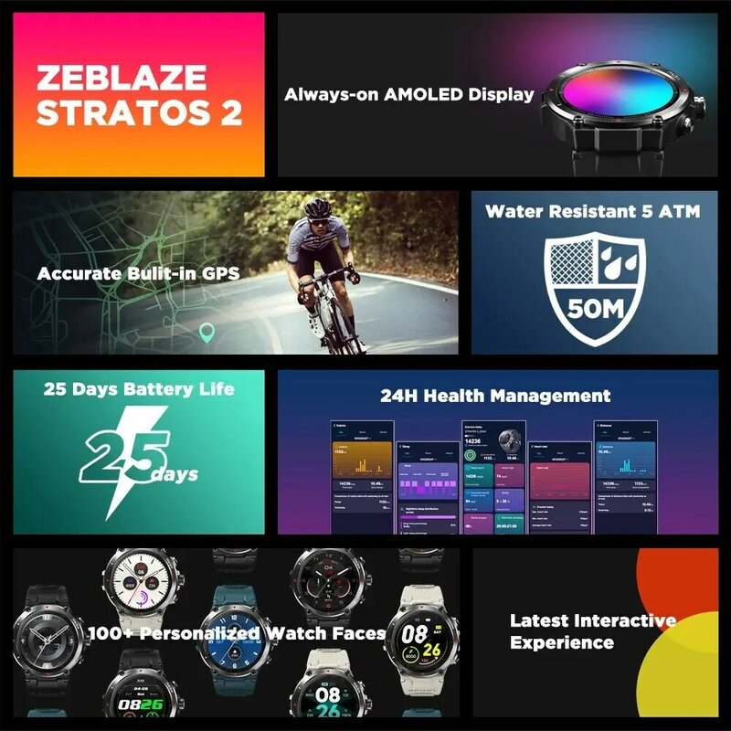 Zeblaze Stratos 2 GPS Smart Watch AMOLED Display 24h Health Monitor Smartwatch a lunga durata della batteria per uomo
