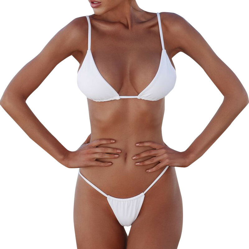 Conjunto de Bikini unicolor para mujer, bañador Sexy de realce, traje de baño brasileño de cintura baja, Bikini Halter de dos piezas, ropa de playa 2024