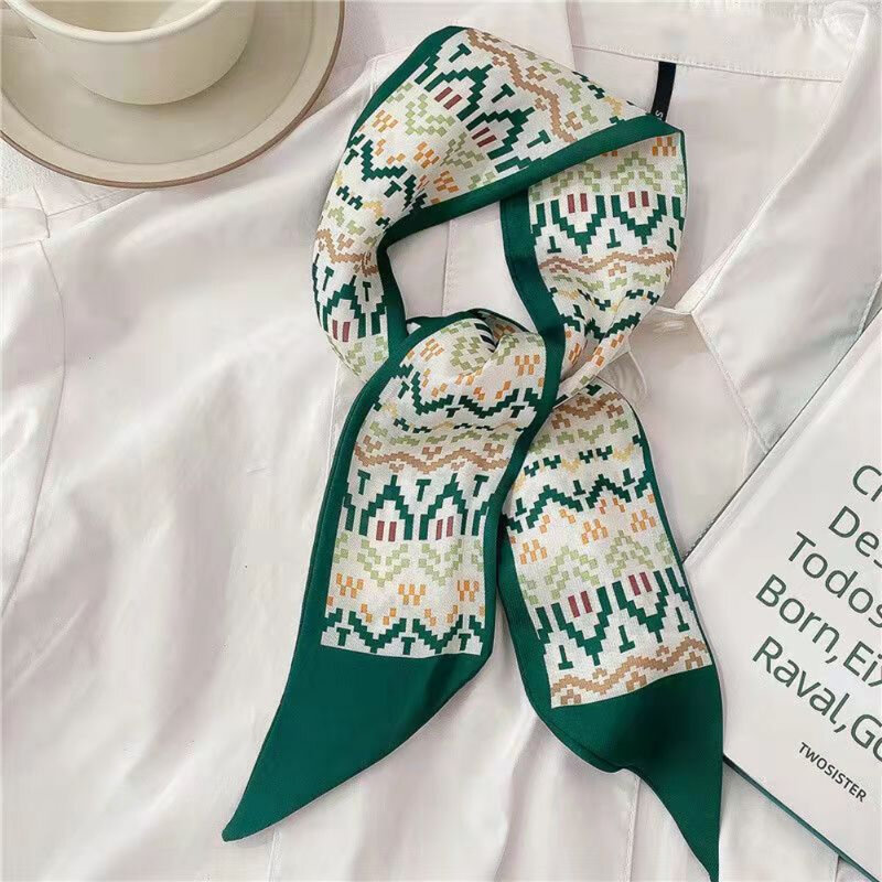 Lenço macio fino e versátil pequeno para mulheres, acessório estreito elegante, lenço decorativo elegante, lenço decorativo verde pequeno, 7cm de largura