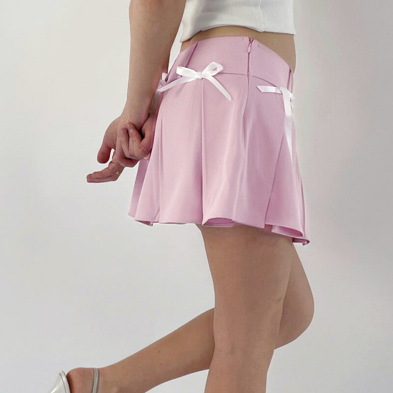 Letnia damska plisowana spódnica na co dzień urocza Mini spódniczka z kokardą na wakacje na plaży w stylu Streetwear estetyczne ubrania