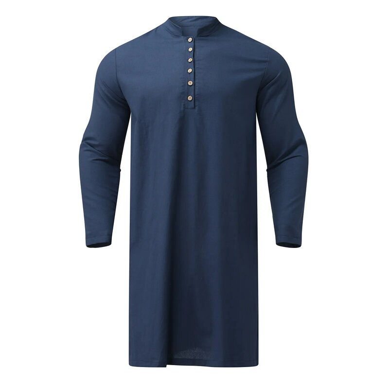 Men's Muslim Thobe 2024 Casual Solid Colour Stand Collar Muslim Robe Long Sleeve Button Islamic Thobe Muslim Men Clothing