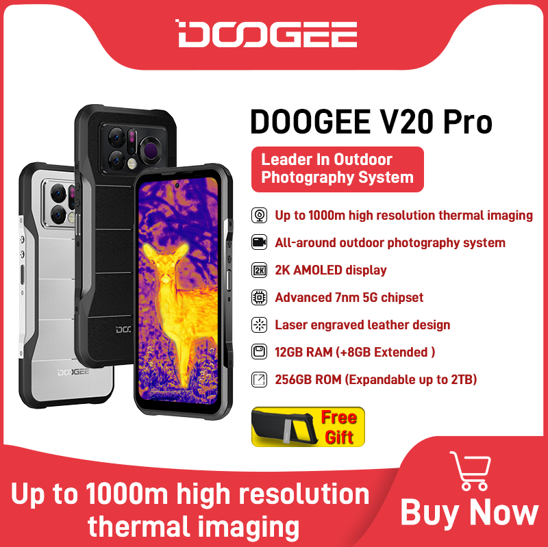 هاتف DOOGEE V20 Pro وعرة من العرض العالمي الأول بذاكرة 12 جيجابايت + 256 جيجابايت وشاشة 6.43 بوصة 2K AMOLED شاشة 1440*1080 7nm 5G هاتف محمول للتصوير الحراري
