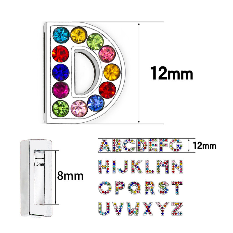 A-Z 8mm kolorowe Rhinestone slajdów litery Charms dla bransoletka obroża dla zwierząt tworzenia biżuterii DIY nadgarstek brelok kobiety prezent 1pc