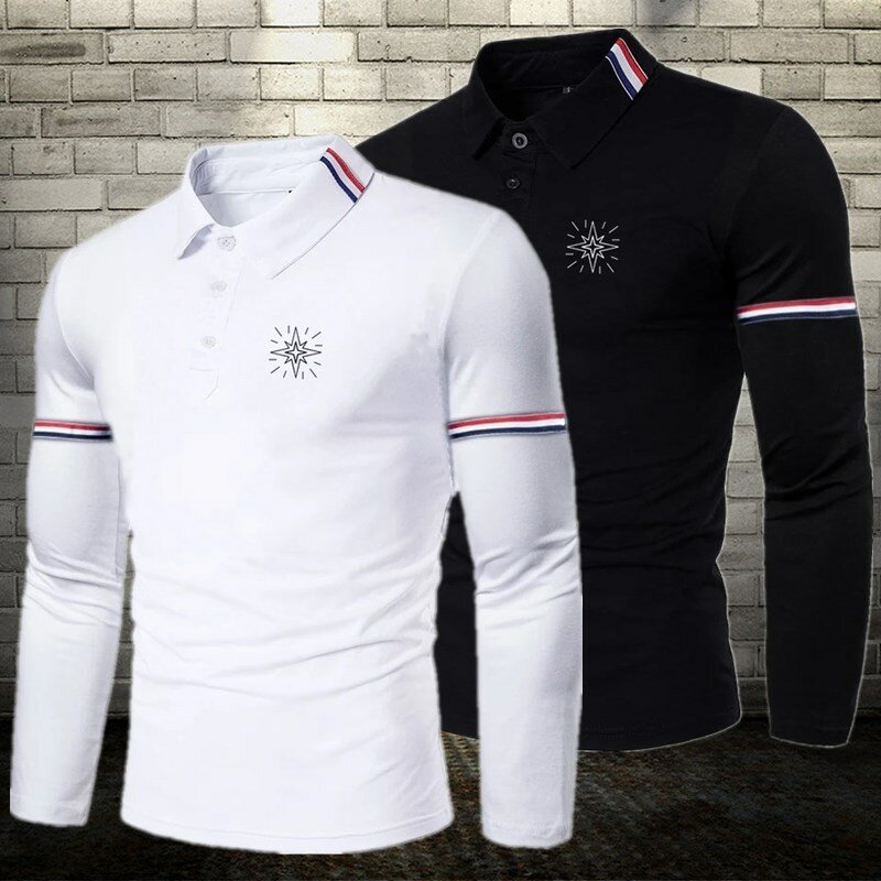 Men's slim fitting fashionable long sleeved polo shirt with a lapel collar, seasonal men's printed golf polo shirt