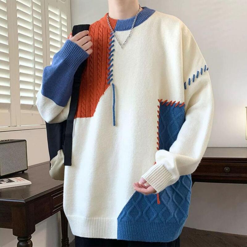 Zimowy sweter przytulny dzianinowy męski sweter z ciepłą grubą sweter z okrągłym wycięciem pod szyją z kontrastowym kolorowy Patchwork na zimę