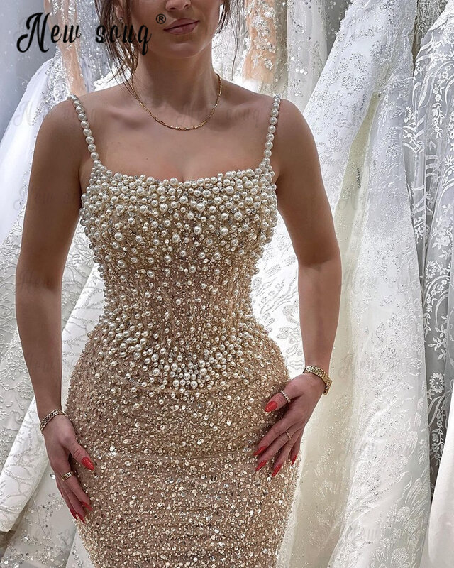 Elegante Perlen leichte Champagner Maxi Party kleid Perlen Spaghetti träger quadratischen Ausschnitt Luxus Promi Kleid Abendkleid 2023