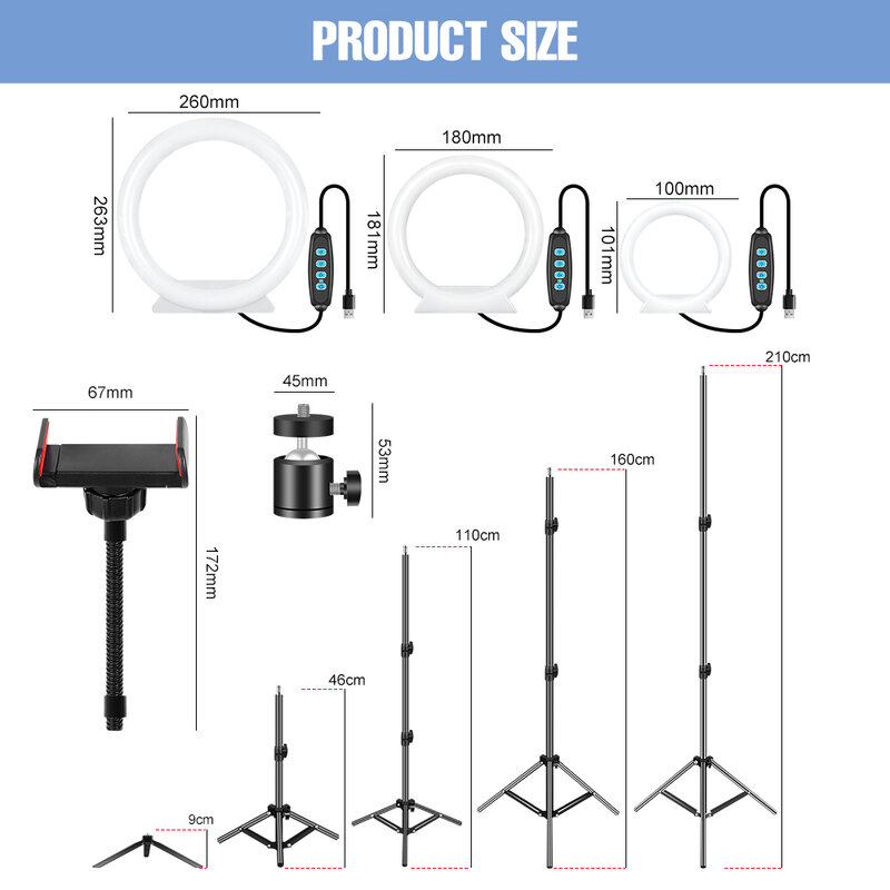 LED Ring Light Stand Adjustable Tripod Selfie Ringlight Photography Fill Lamps Flexible USB Powered Makeup Video Lamp Fixture