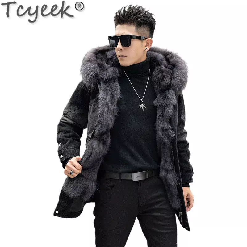 Куртка Tcyeek мужская с воротником из меха енота, модная повседневная теплая зимняя парка средней длины с подкладкой из лисьего меха, ковбойская парка с капюшоном
