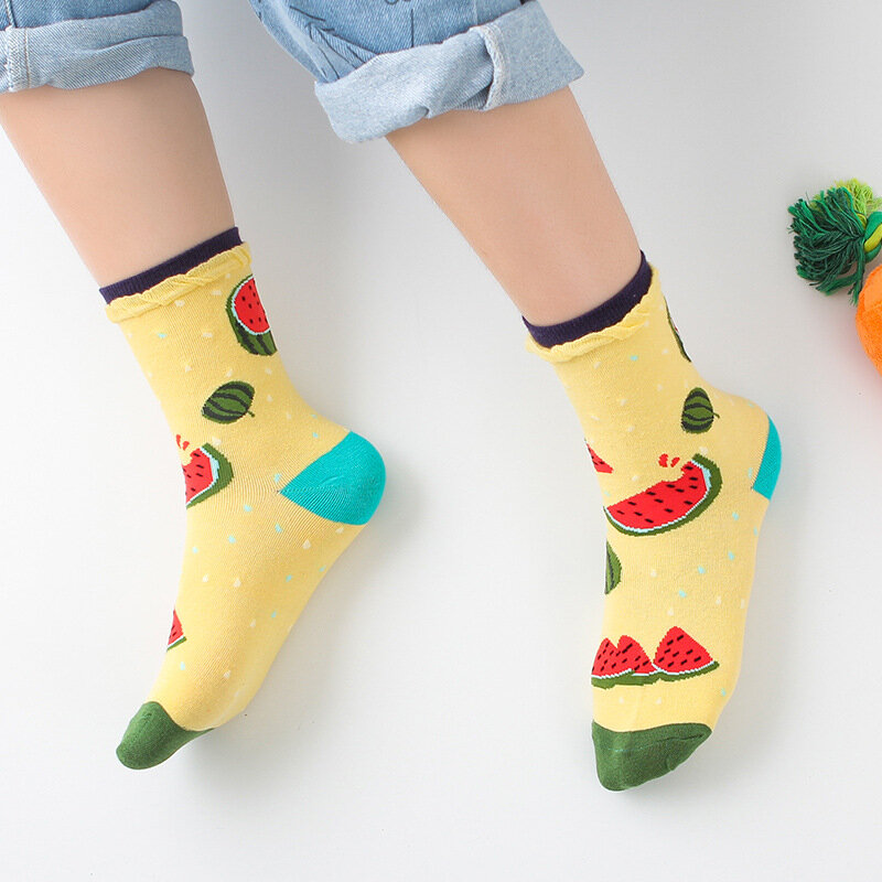 New Cartoon Fruit Banana Strawberry Women's Sweet and Casual Mid Length Socks Wholesale Bubble Rib Trendy Socks