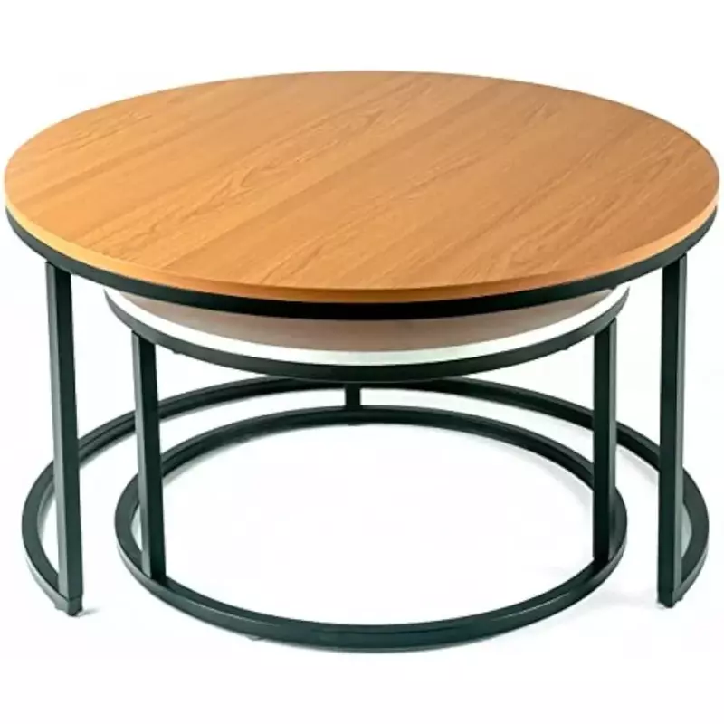 Tavolino da caffè rotondo moderno nidificato da 31.5 ''(Set di 2), tavolo da soggiorno impilato con impiallacciatura di legno industriale e struttura in metallo