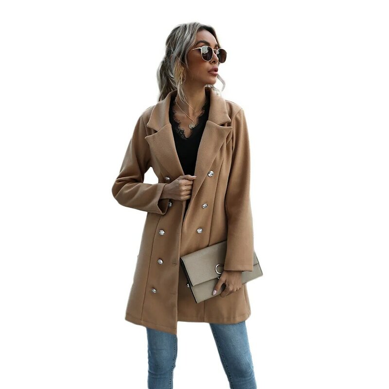 Women Woolen Coat Blends Jacket Double-breasted Long Suit Trench Outwear Button Down Solid Warm Autumn Winter Clothing Elegant