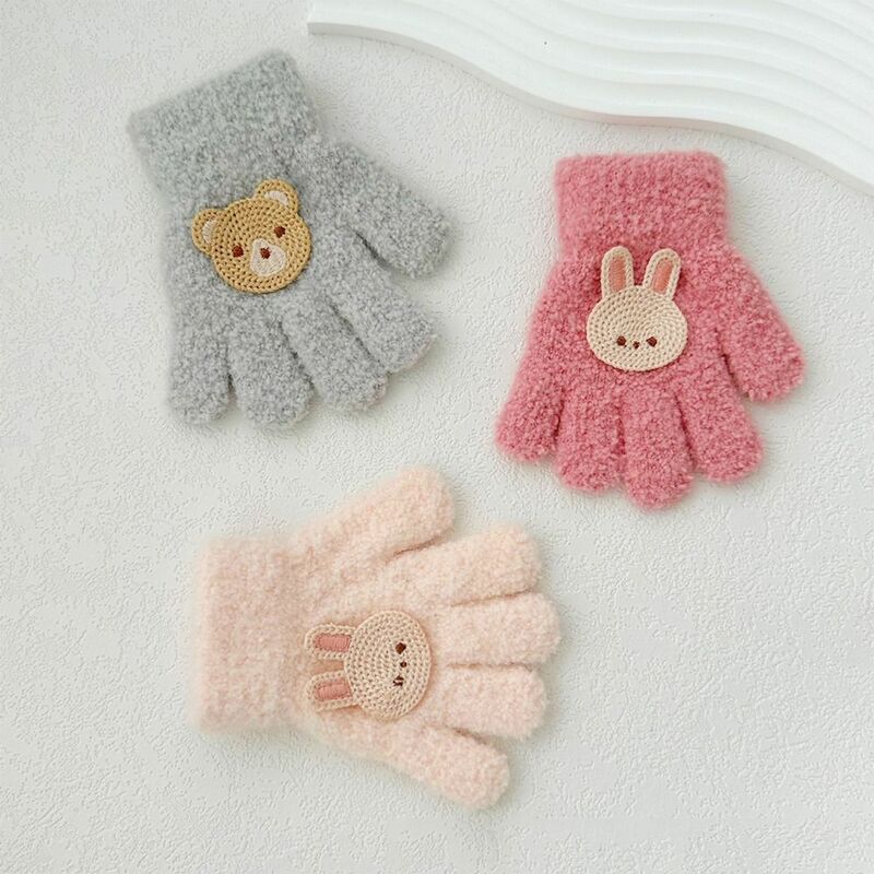 Детские пушистые перчатки с кроликом, плотные вязаные варежки с цветами, однотонные перчатки с мультяшным рисунком на весь палец для детей