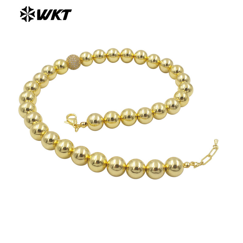 Big Round Brass Beads para Lady, 18K Real Gold Plated Metal Colar, Simples Cool Fashion, Atacado, Novo, WT-JFN19, 12mm, 10Pcs
