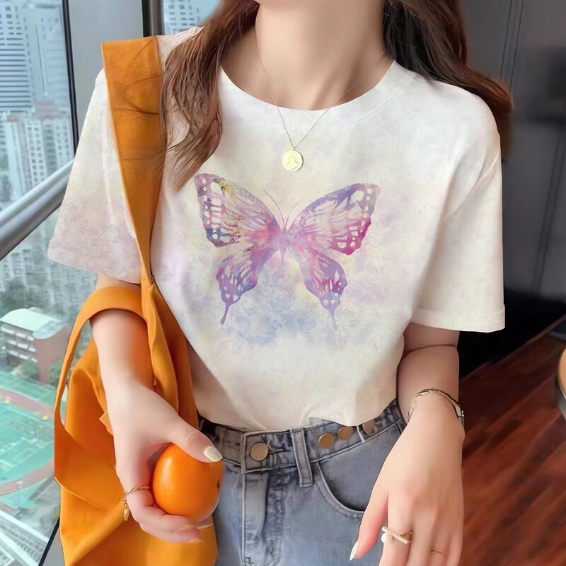 Camiseta 3D com impressão borboleta feminina, gola redonda, camiseta de mangas curtas, cor gradiente, top extragrande, moda casual, verão