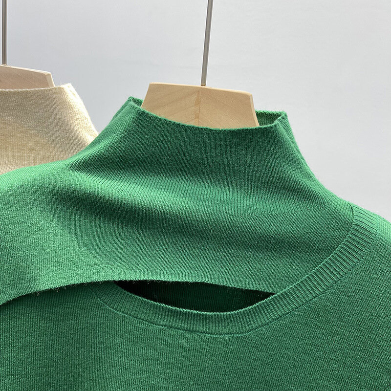 Wycięty patchworkowy półgolf damski jednolity kolor z krótkim rękawem dzianinowy 2023 letni nowy szykowna, Slim sweter podkoszulek