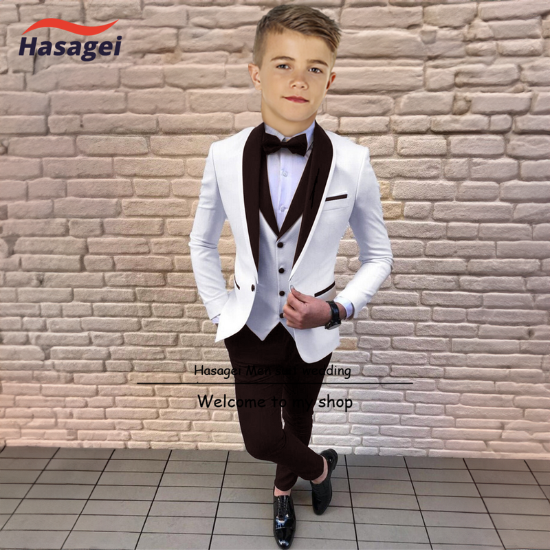 Suit for Boys White Jacket Green Collar Three Piece Wedding Kids Tuxedo Formal Party Clothes 2-16 Years Old Children