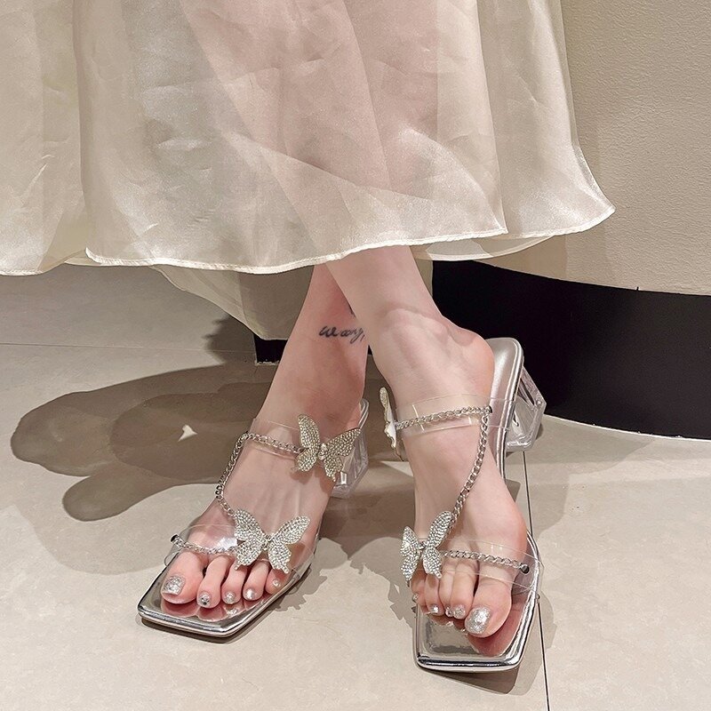 2024 Female Shoes Square Toe Modern Women's Slippers Outdoor Dress Slippers Women Chain Crystal Butterfly Square Heel Sandals
