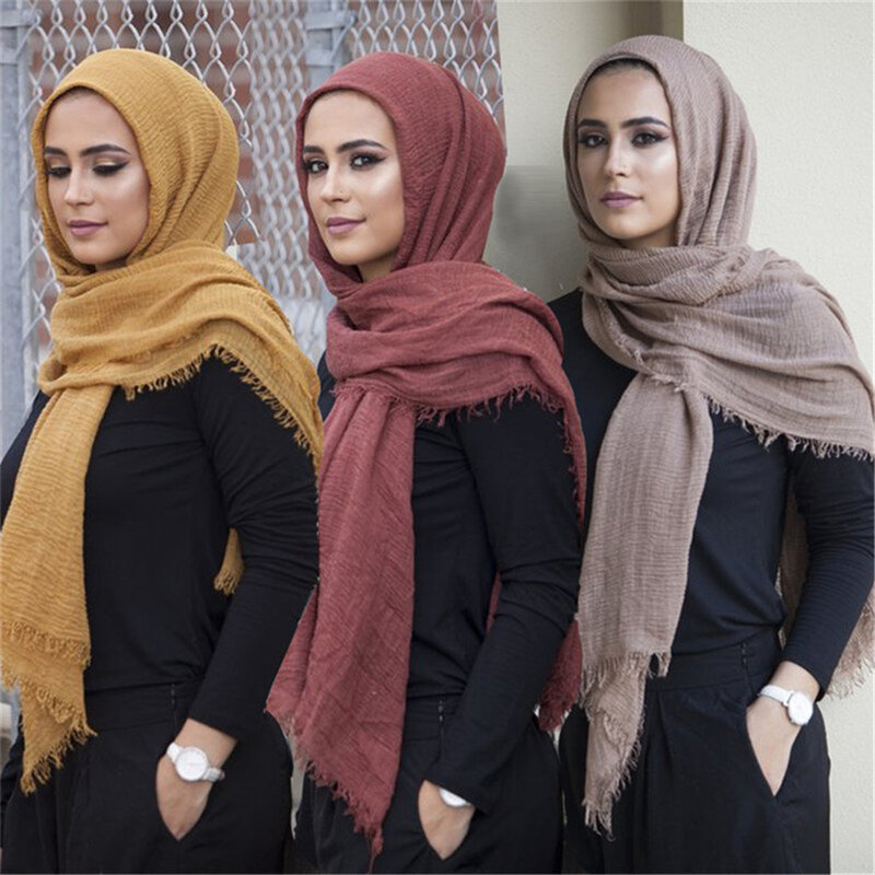 Geplooide Effen Hijab Sjaal Moslim Vrouwen Katoen Crinkle Hoofdband Sluier Sjaals 2024 Effen Sjaal Islamitische Hoofddoek Hoofddoek Tulband