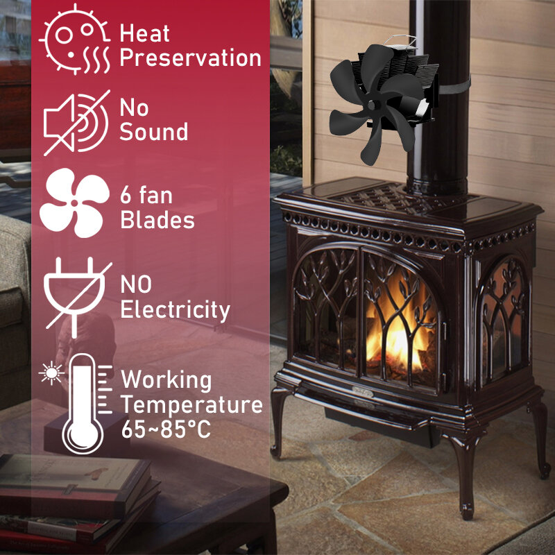 4/5/6 Blade Wall Hanging Heat Powered Stove Fan Log Wood Burner Eco-fan Quiet Fireplace Fan Energy Saving Home Heat Distribution