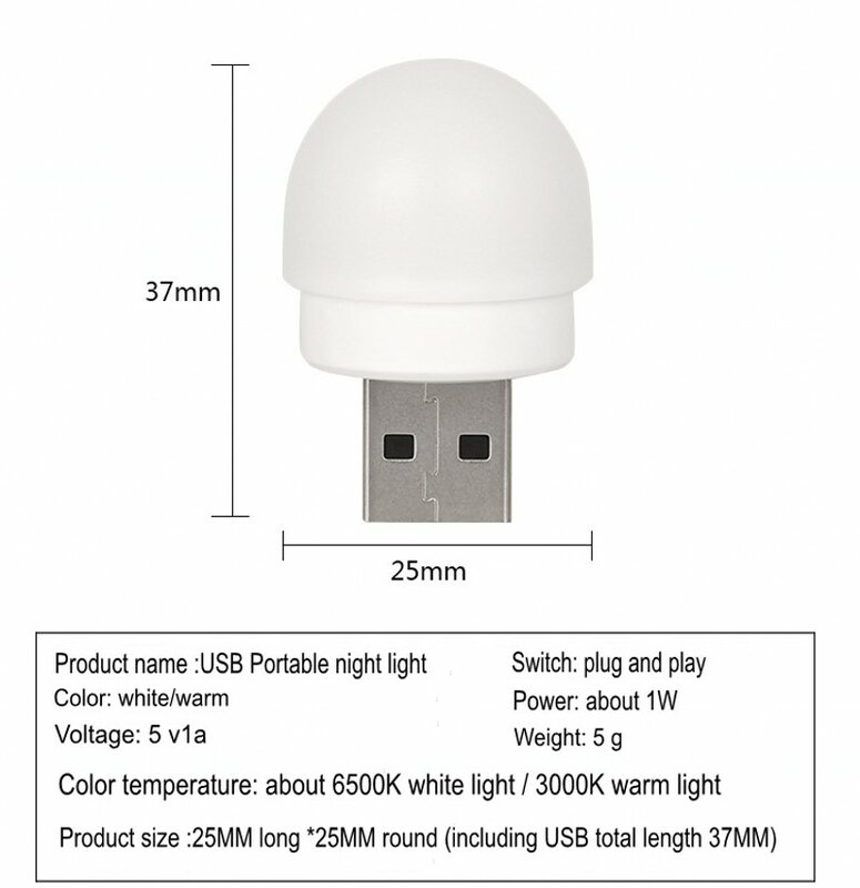 Mini wtyczka USB przenośna lampa do ładowania LED z lampką do czytania mała okrągłe światło mała lampka nocna