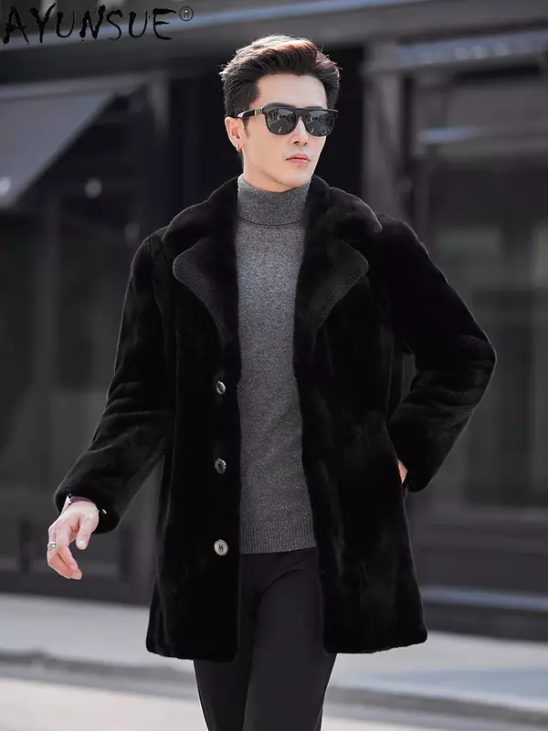 AYUNSUE-casaco de pele de vison real para homens, jaqueta de comprimento médio, streetwear casual com gola, pele natural, alta qualidade, inverno, 2023