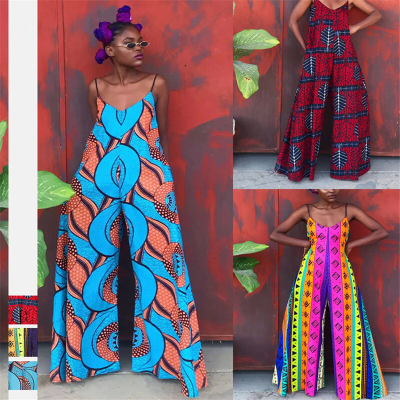 African Flares Women New Summer Spaghetti Strap Bodysuit Dashiki Ankara Style Trousers Fashion Jumpsuit Indie Robe Africaine